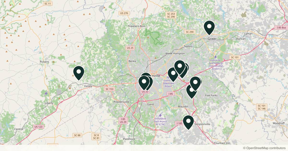 Map of 15 dermatology practices in Greenville, South Carolina