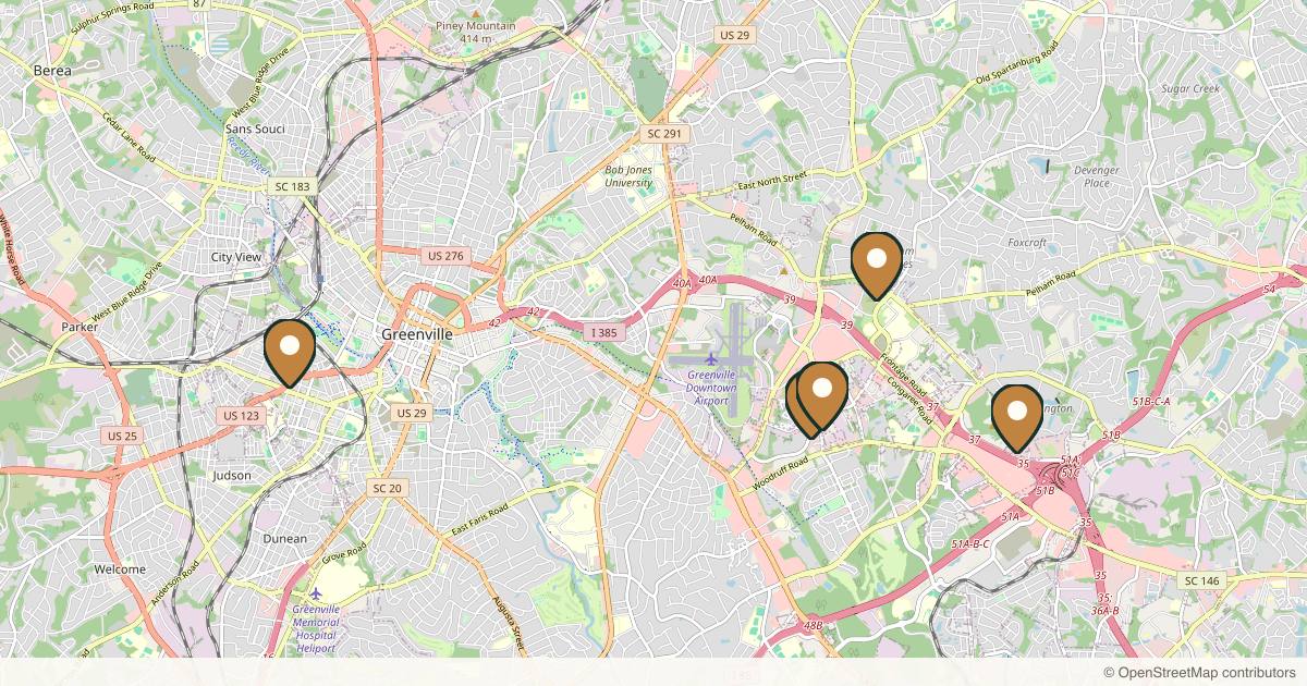 Map of 8 plastic surgery practices in Greenville, South Carolina