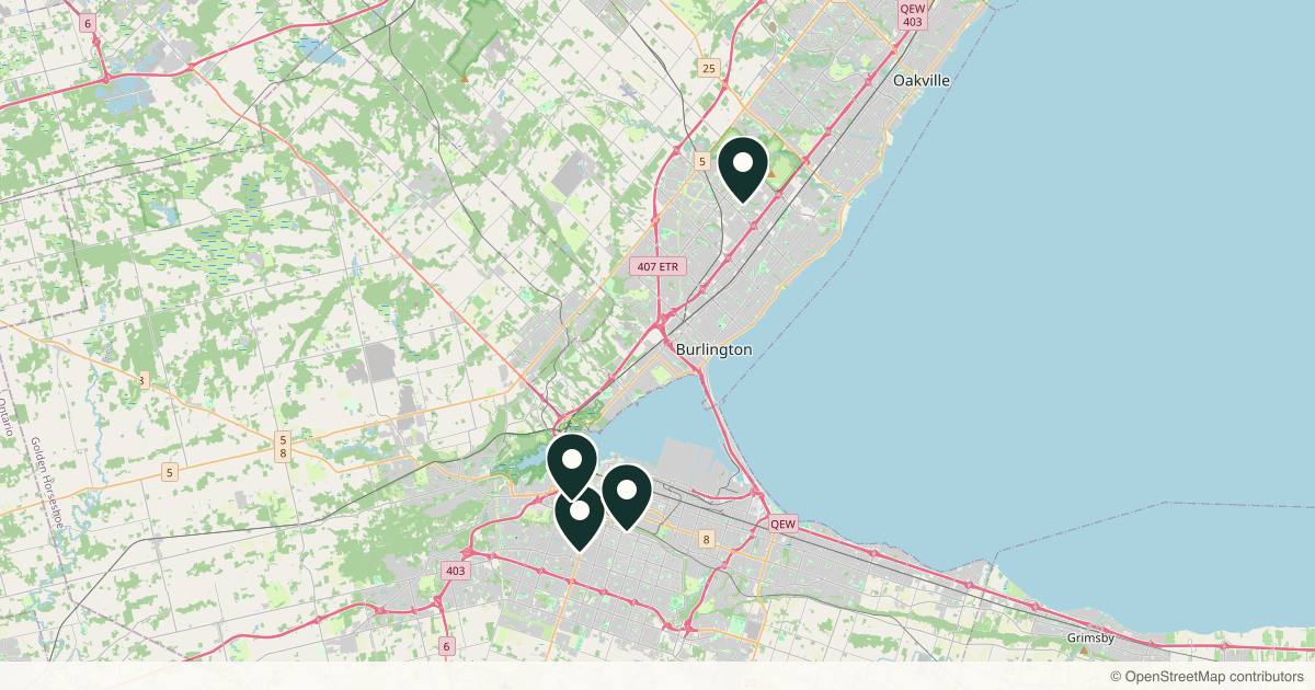Map of 5 plastic surgery practices in Hamilton, Ontario