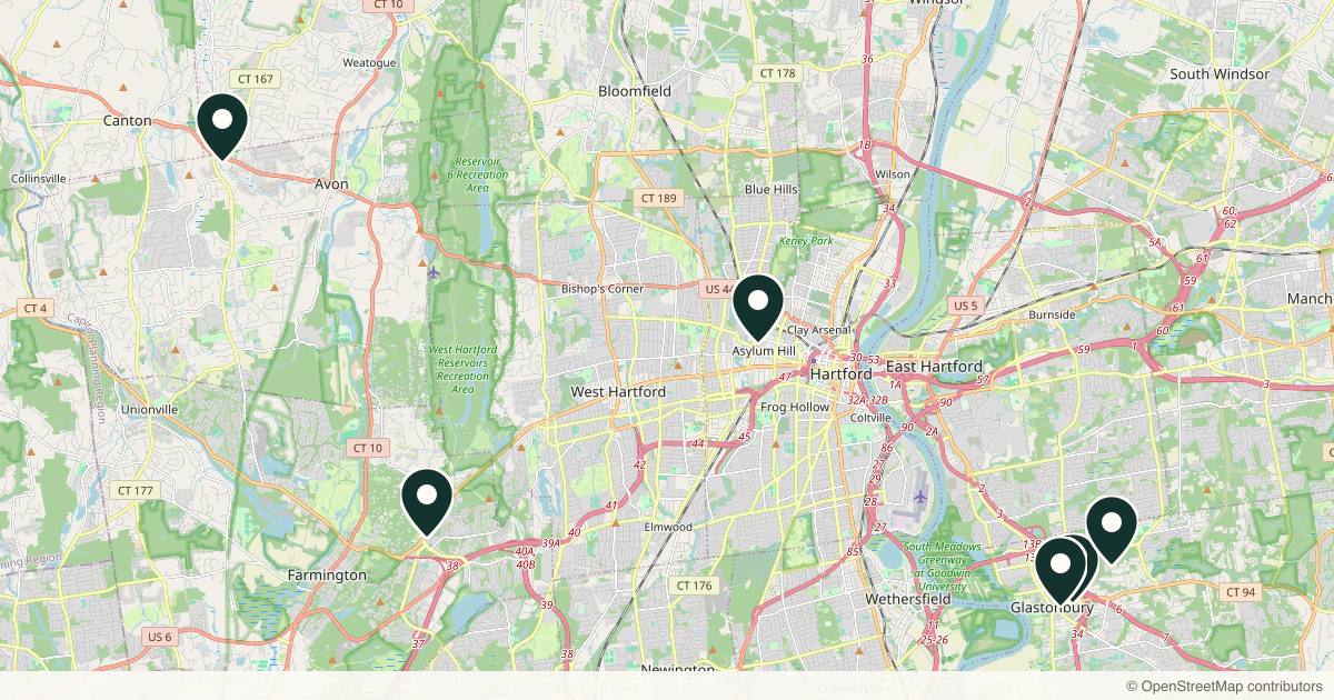 Map of 9 plastic surgery practices in Hartford, Connecticut