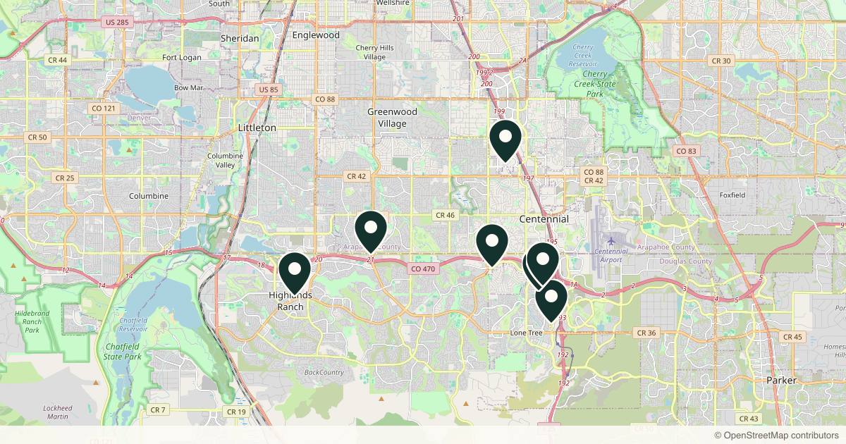 Map of 7 plastic surgery practices in Highlands Ranch, Colorado