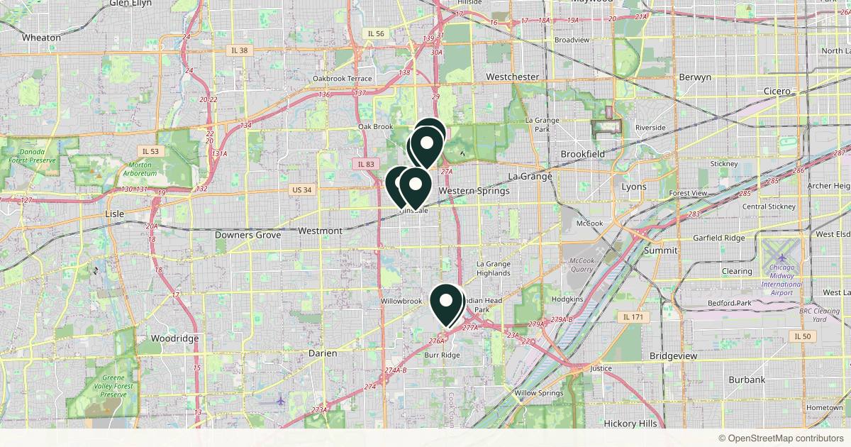 Map of 8 plastic surgery practices in Hinsdale, Illinois