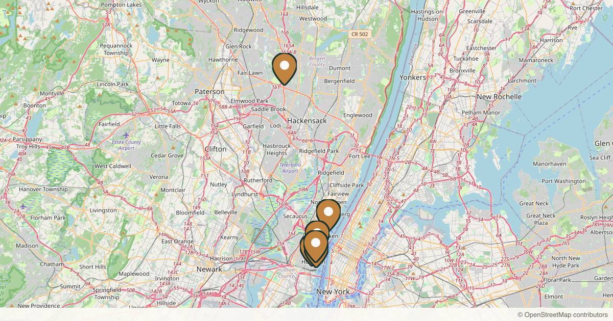 Map of 6 plastic surgery practices in Hoboken, New Jersey