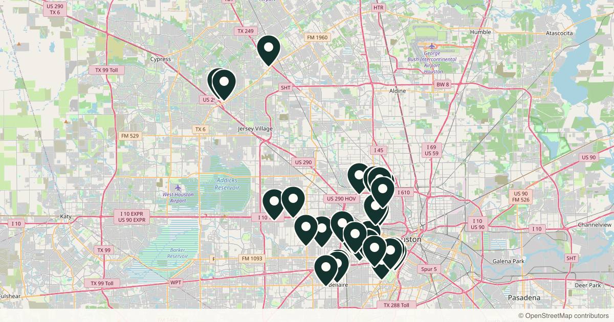Map of 31 dermatology practices in Houston, Texas