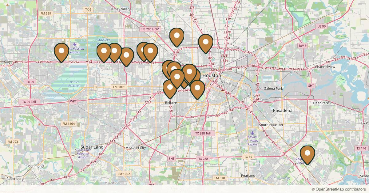 Map of 35 plastic surgery practices in Houston, Texas