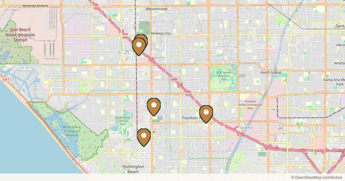 Map of 5 plastic surgery practices in Huntington Beach, California