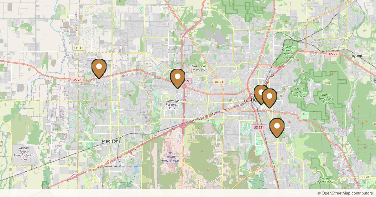 Map of 8 plastic surgery practices in Huntsville, Alabama