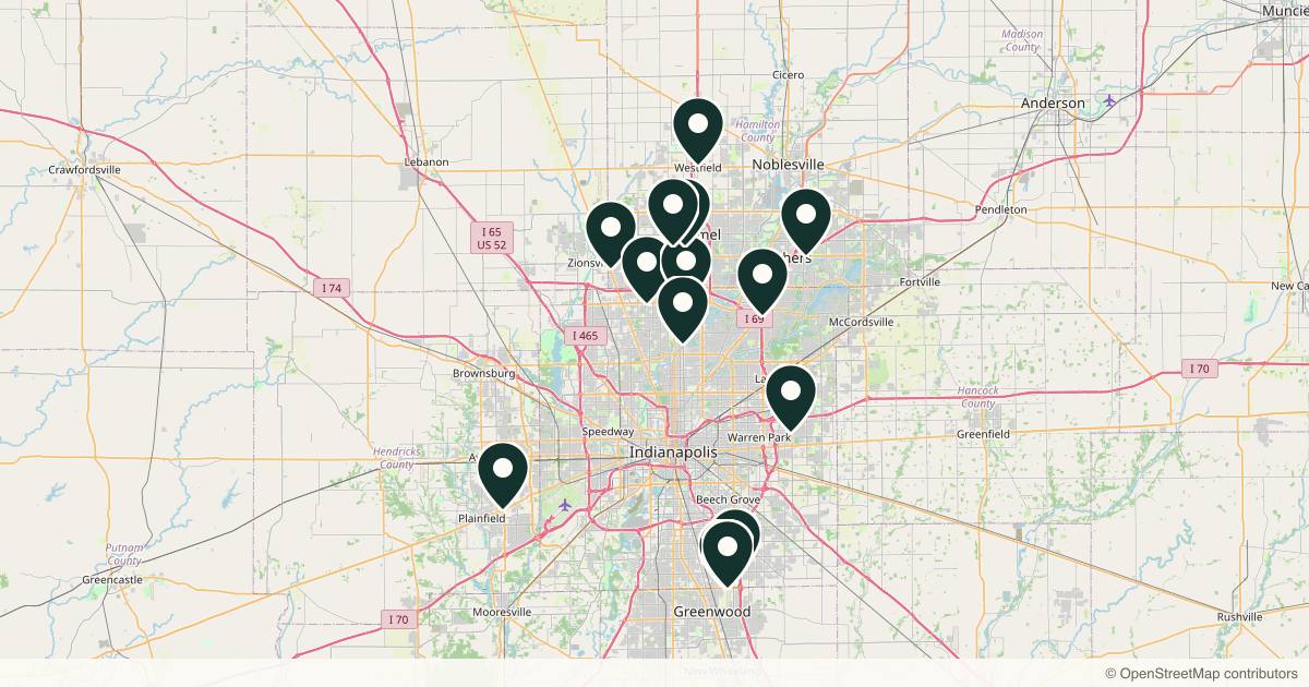 Map of 17 dermatology practices in Indianapolis, Indiana