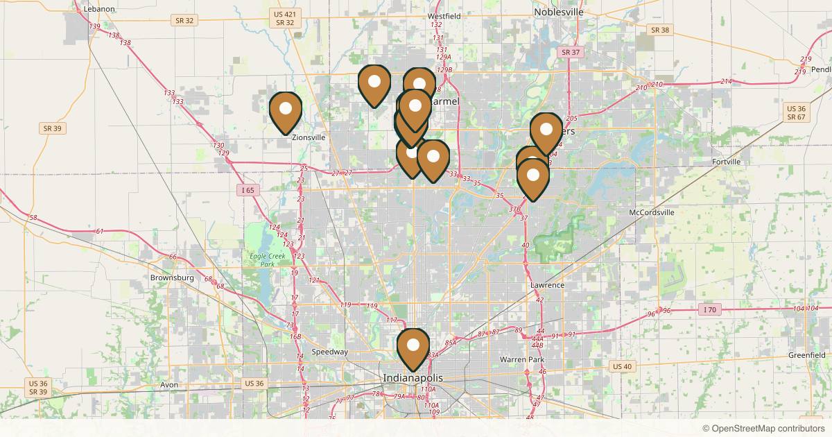 Map of 16 plastic surgery practices in Indianapolis, Indiana