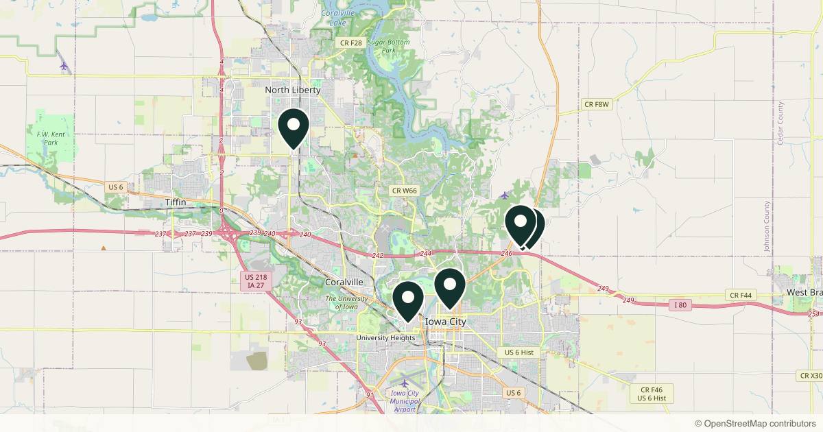 Map of 7 plastic surgery practices in Iowa City, Iowa