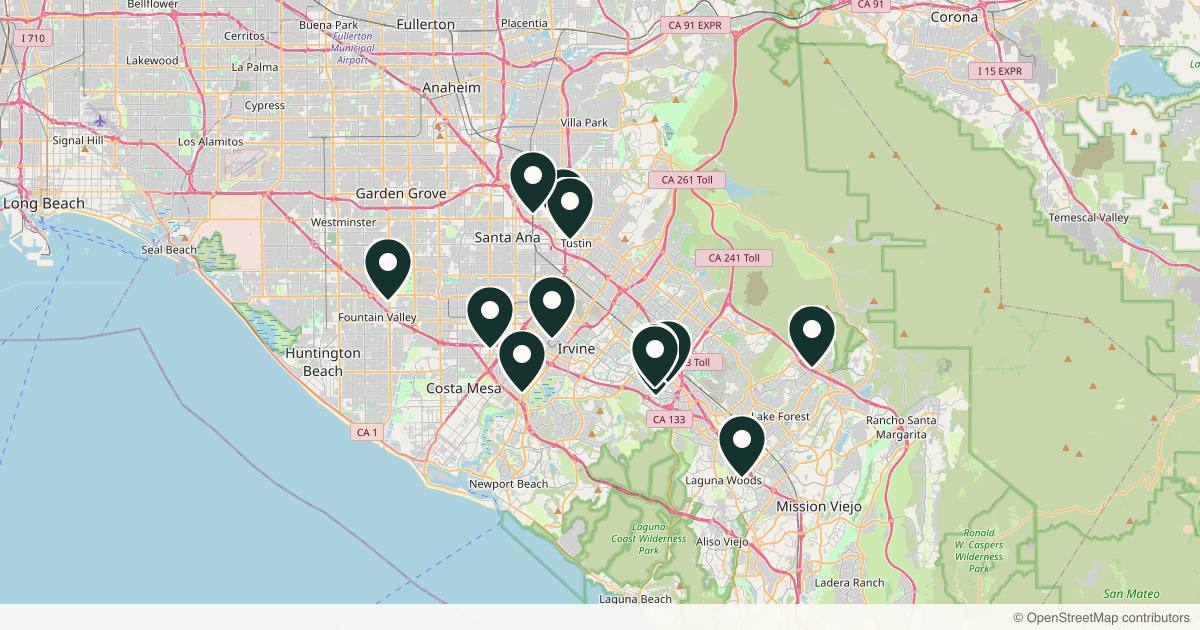 Map of 13 dermatology practices in Irvine, California