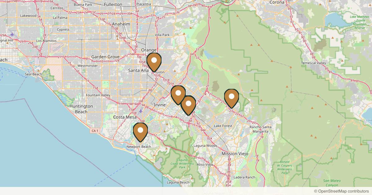Map of 10 plastic surgery practices in Irvine, California