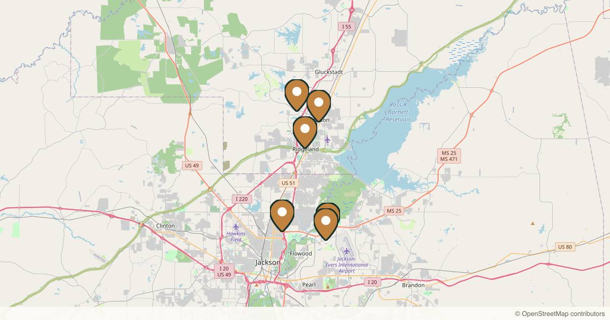 Map of 10 plastic surgery practices in Jackson, Mississippi