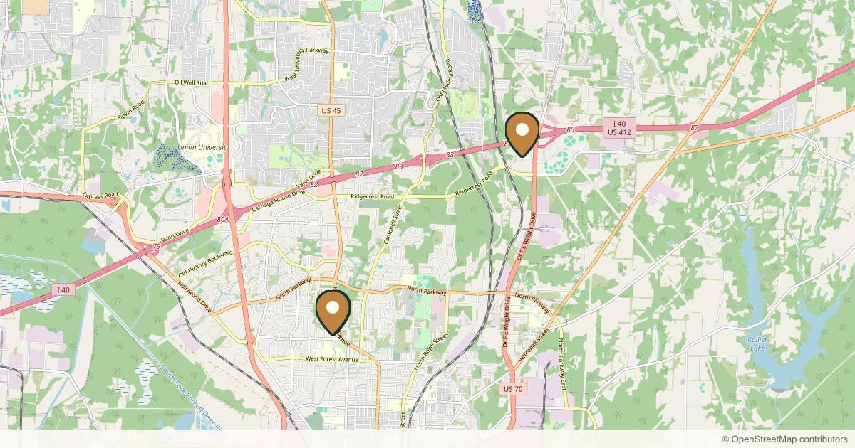 Map of 3 plastic surgery practices in Jackson, Tennessee