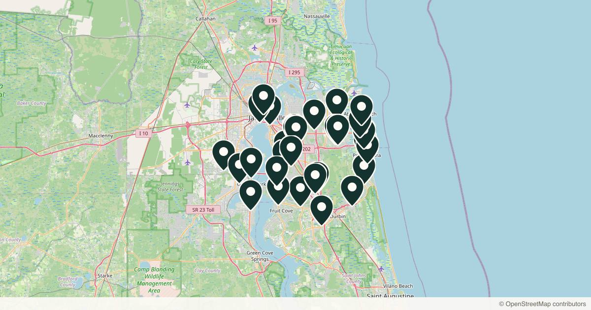 Map of 32 dermatology practices in Jacksonville, Florida