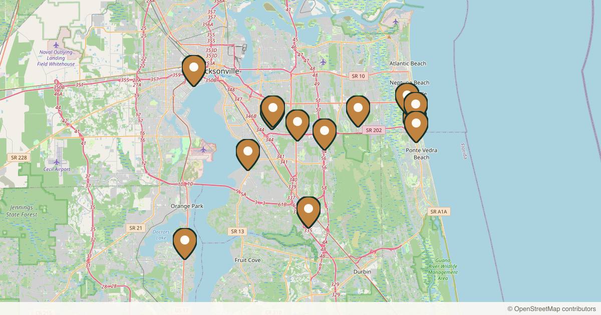 Map of 15 plastic surgery practices in Jacksonville, Florida