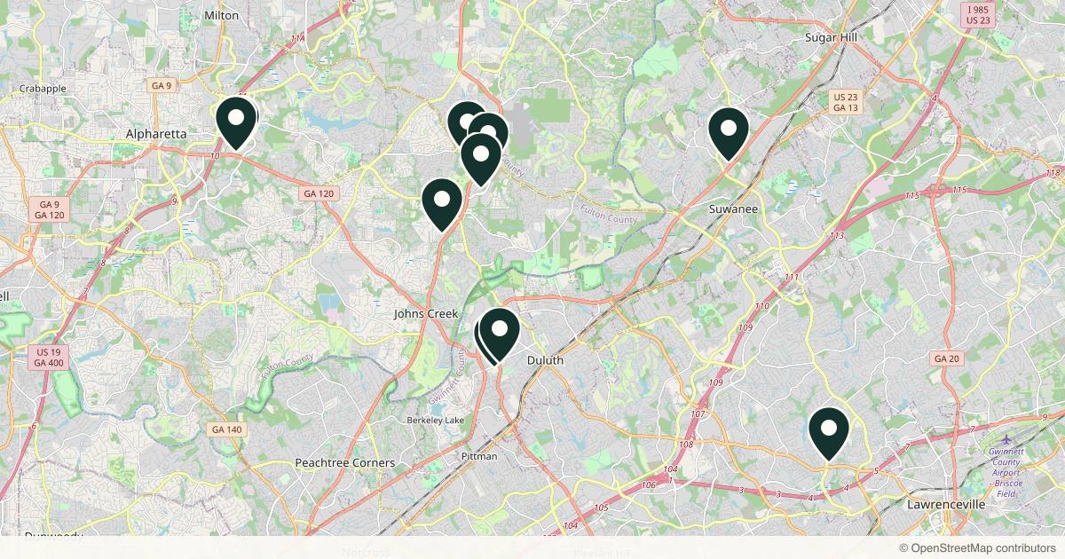 Map of 10 dermatology practices in Johns Creek, Georgia