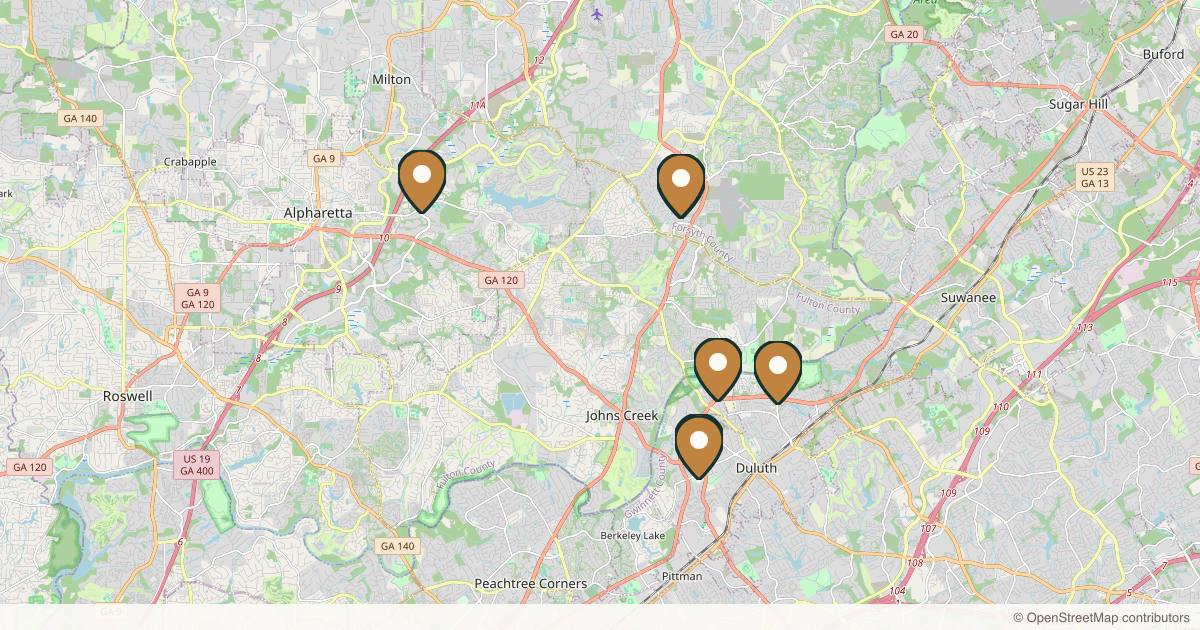 Map of 7 plastic surgery practices in Johns Creek, Georgia