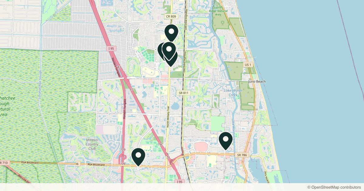 Map of 6 plastic surgery practices in Jupiter, Florida