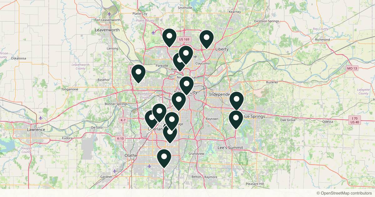 Map of 17 dermatology practices in Kansas City, Missouri