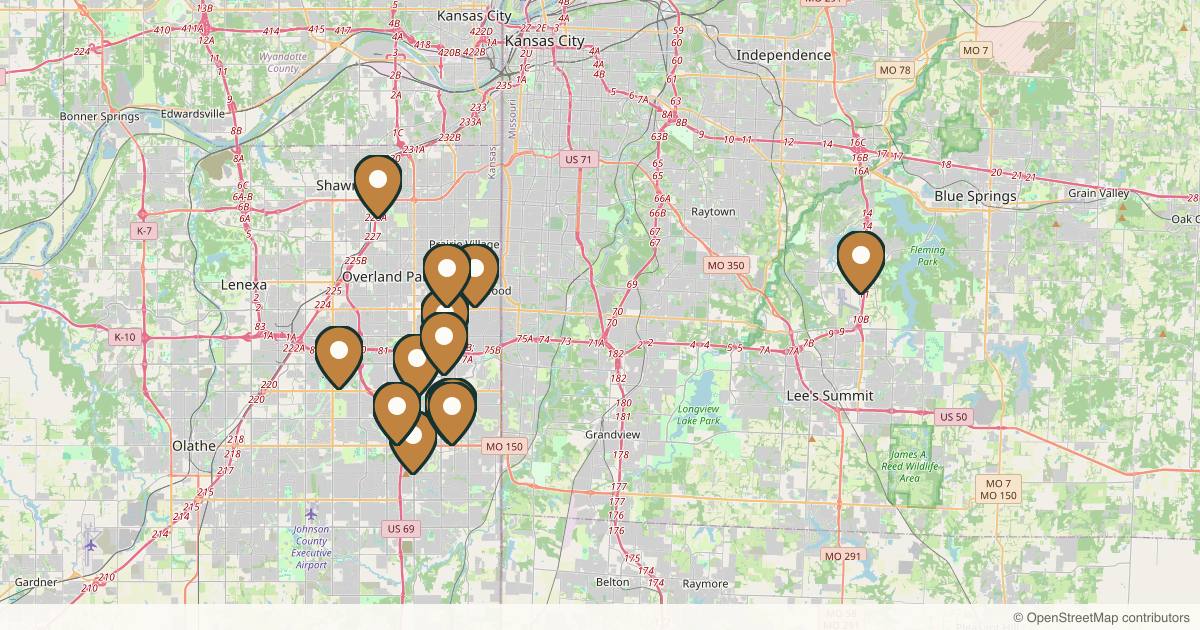 Map of 17 plastic surgery practices in Kansas City, Missouri