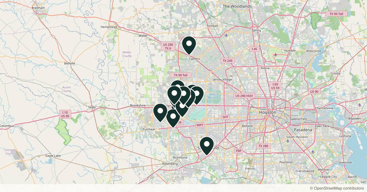 Map of 13 dermatology practices in Katy, Texas