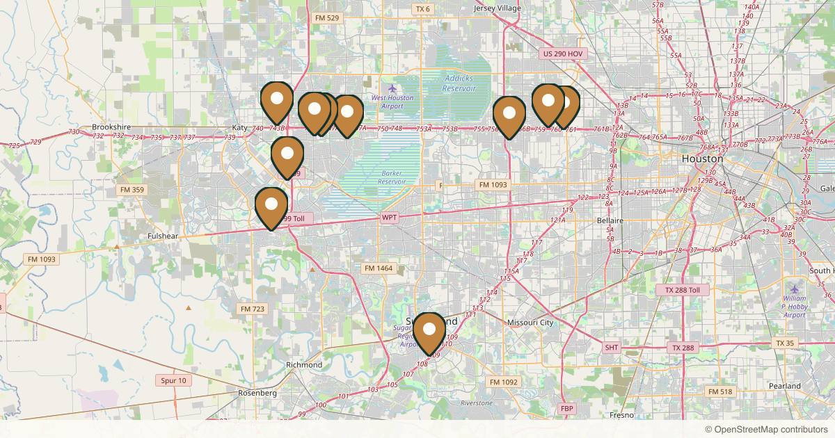 Map of 10 plastic surgery practices in Katy, Texas