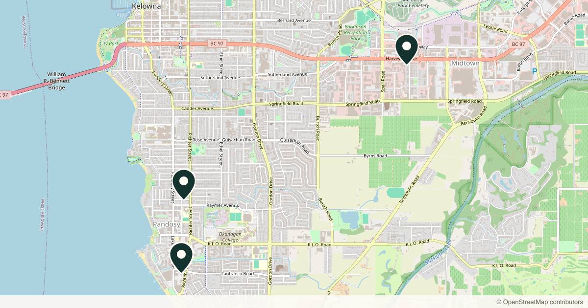 Map of 6 plastic surgery practices in Kelowna, British Columbia