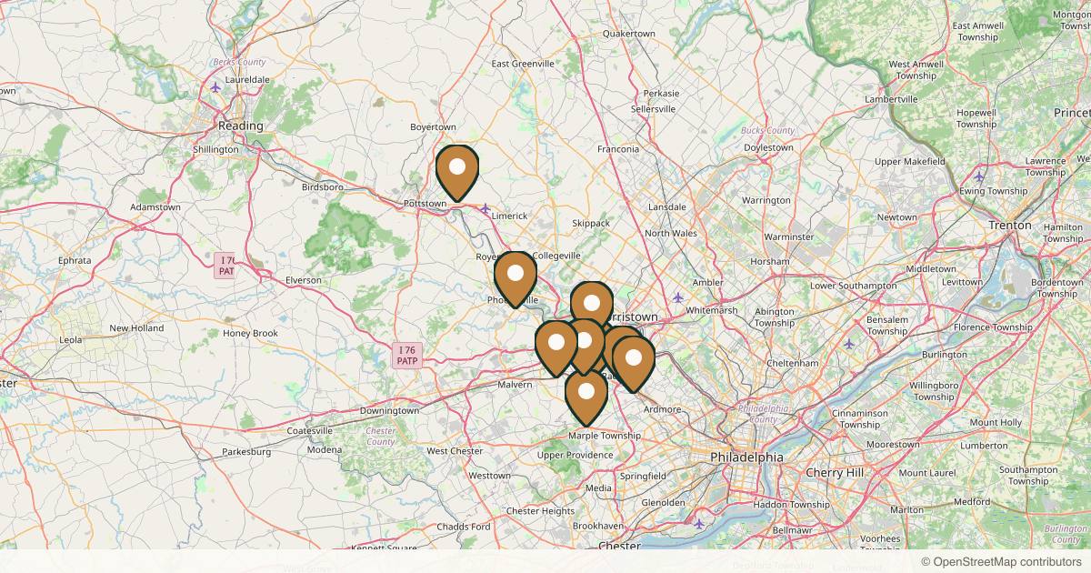 Map of 10 plastic surgery practices in King of Prussia, Pennsylvania