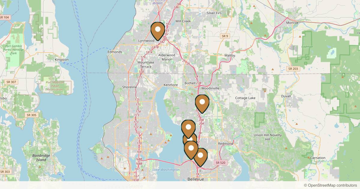 Map of 7 plastic surgery practices in Kirkland, Washington