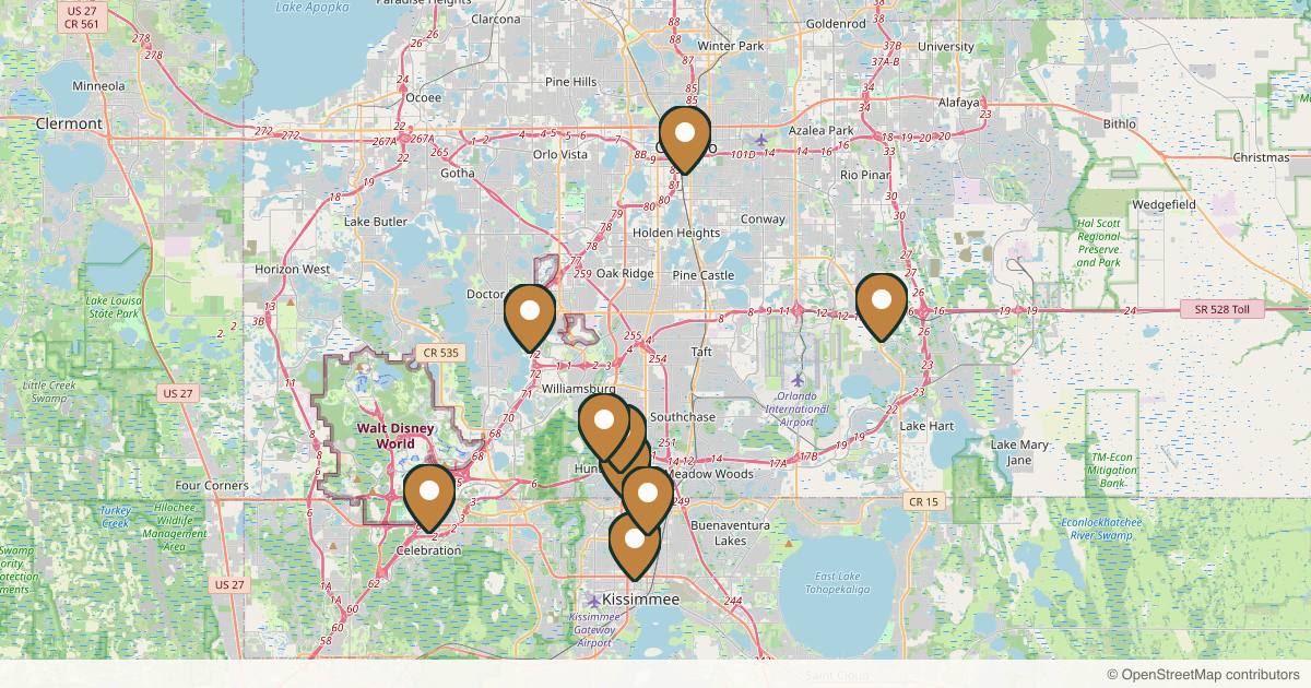 Map of 10 plastic surgery practices in Kissimmee, Florida