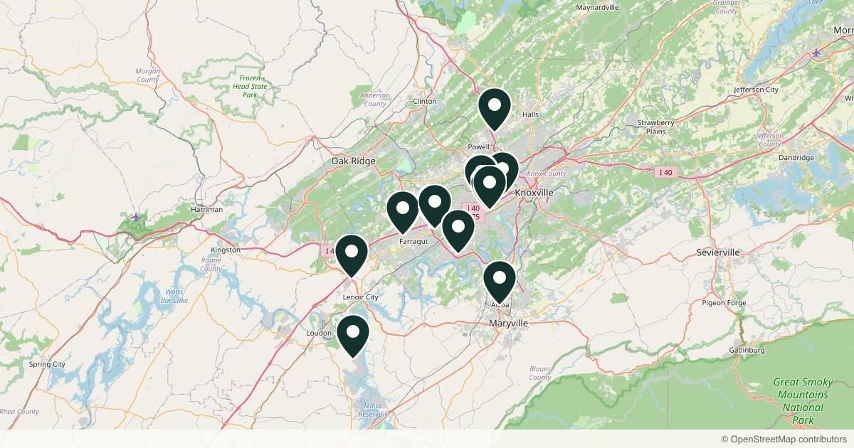Map of 15 dermatology practices in Knoxville, Tennessee