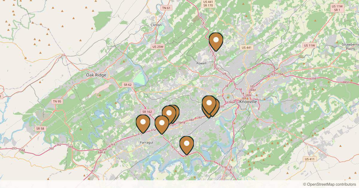 Map of 10 plastic surgery practices in Knoxville, Tennessee
