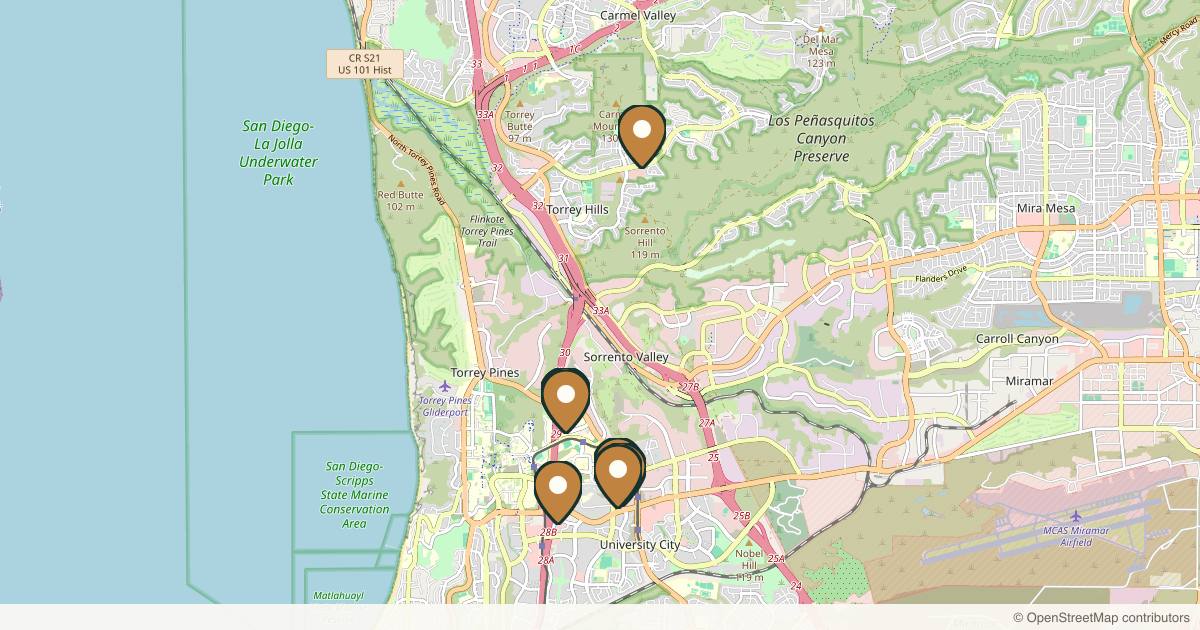 Map of 9 plastic surgery practices in La Jolla, California