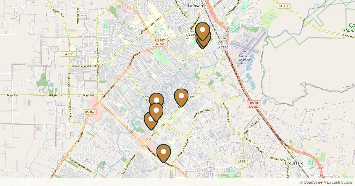 Map of 9 plastic surgery practices in Lafayette, Louisiana