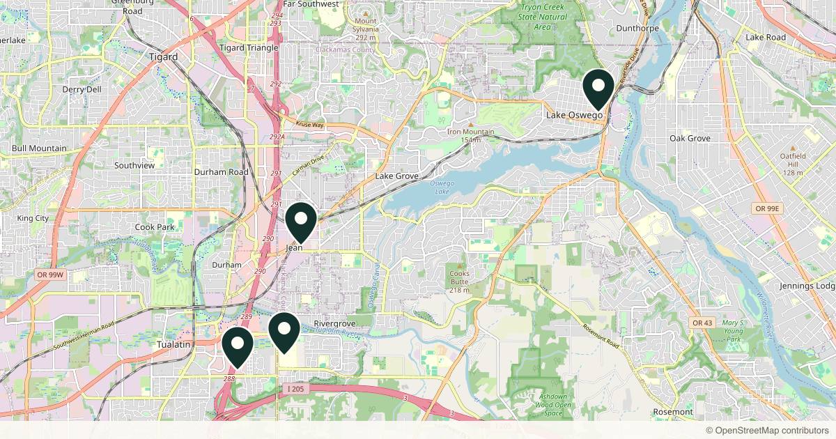Map of 4 plastic surgery practices in Lake Oswego, Oregon