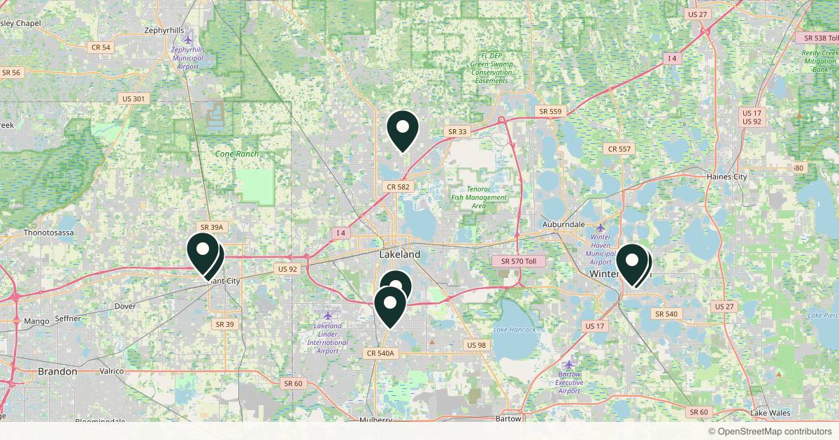Map of 9 dermatology practices in Lakeland, Florida