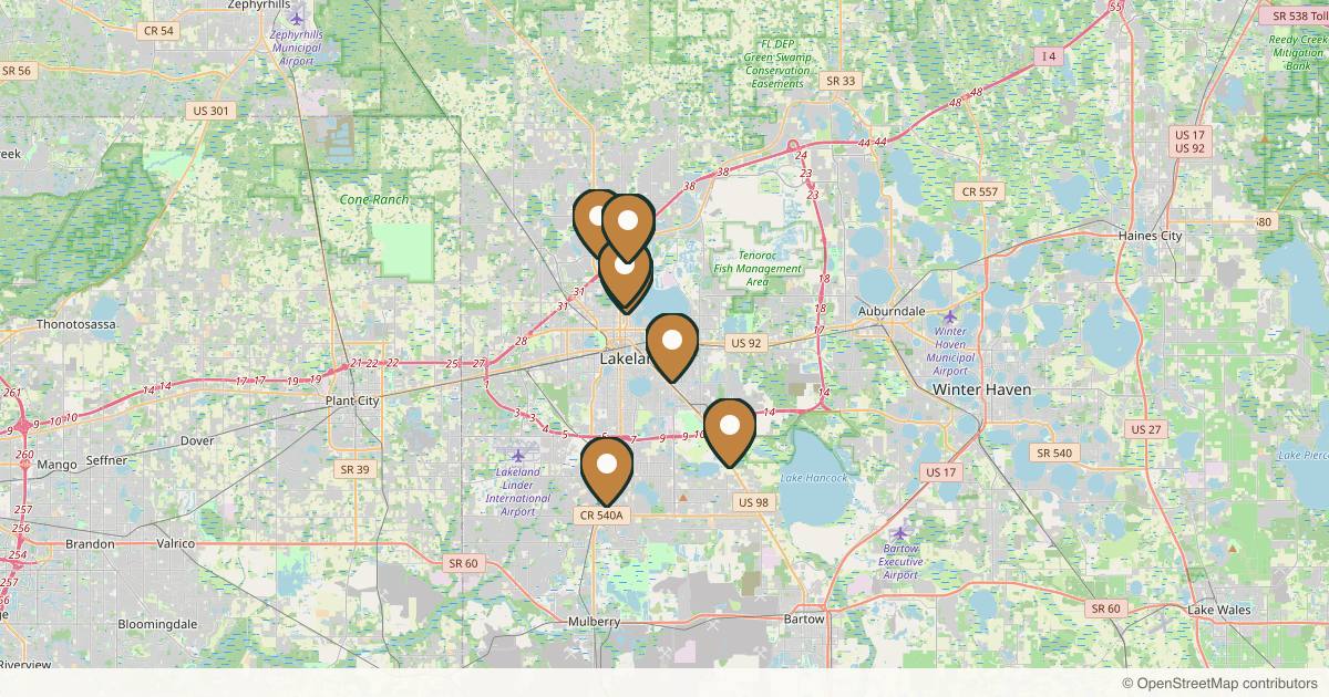 Map of 9 plastic surgery practices in Lakeland, Florida
