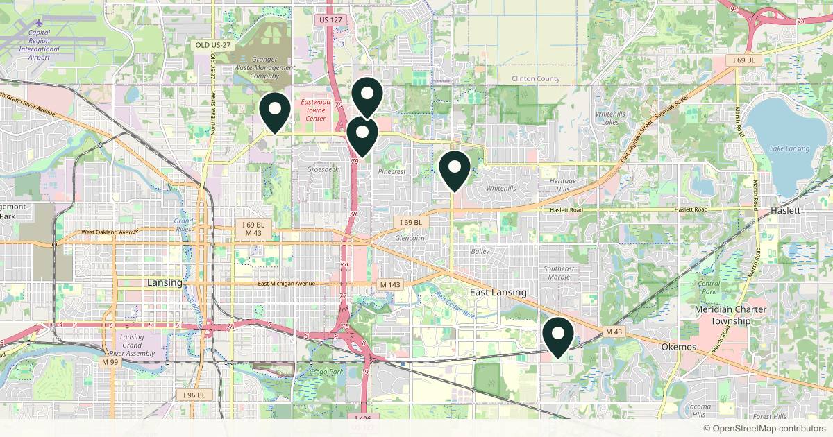 Map of 6 plastic surgery practices in Lansing, Michigan