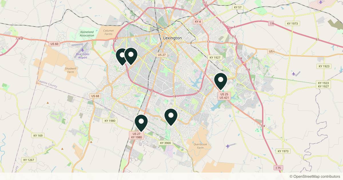 Map of 8 dermatology practices in Lexington, Kentucky
