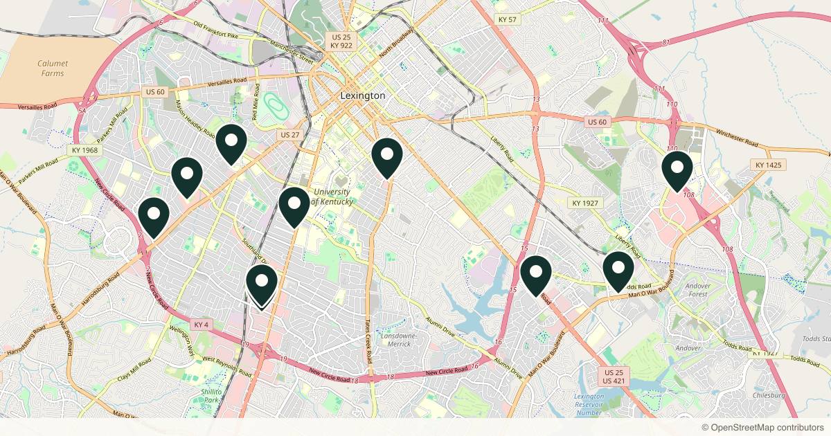 Map of 10 plastic surgery practices in Lexington, Kentucky