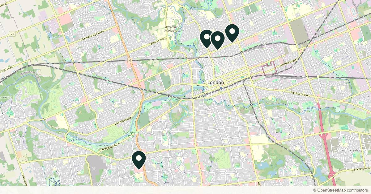 Map of 6 plastic surgery practices in London, Ontario