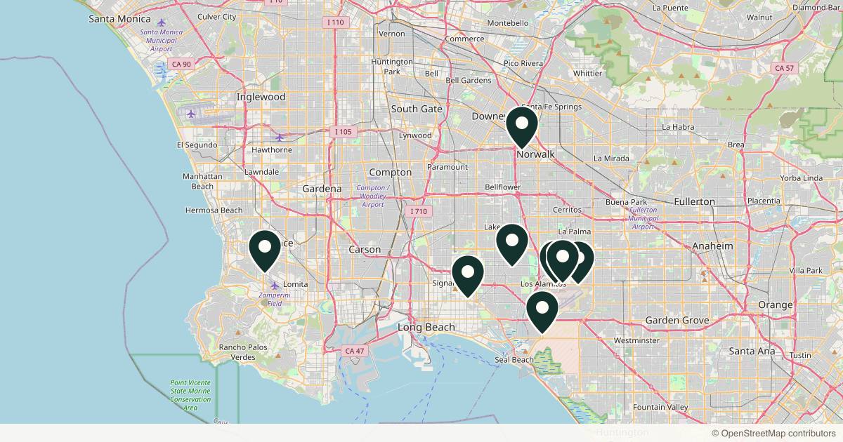 Map of 9 dermatology practices in Long Beach, California