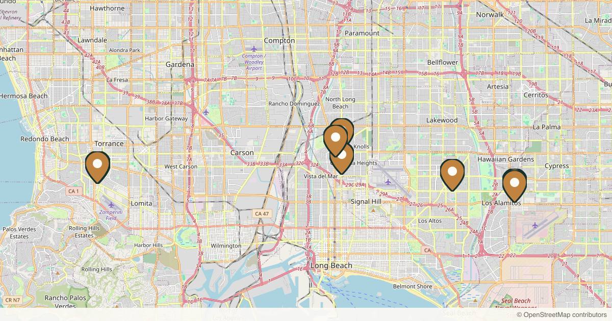 Map of 8 plastic surgery practices in Long Beach, California