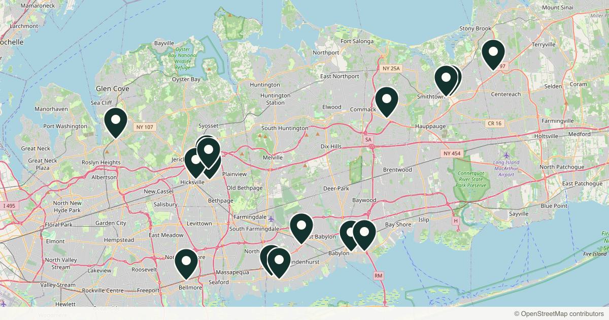 Map of 17 dermatology practices in Long Island, New York