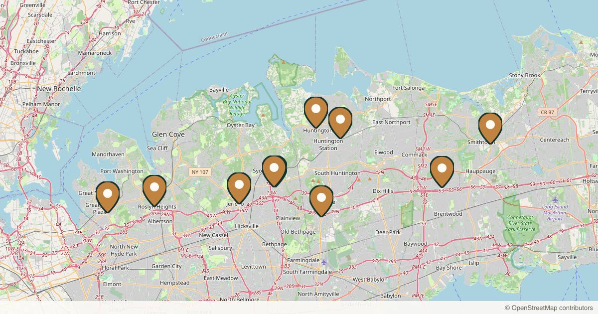 Map of 10 plastic surgery practices in Long Island, New York