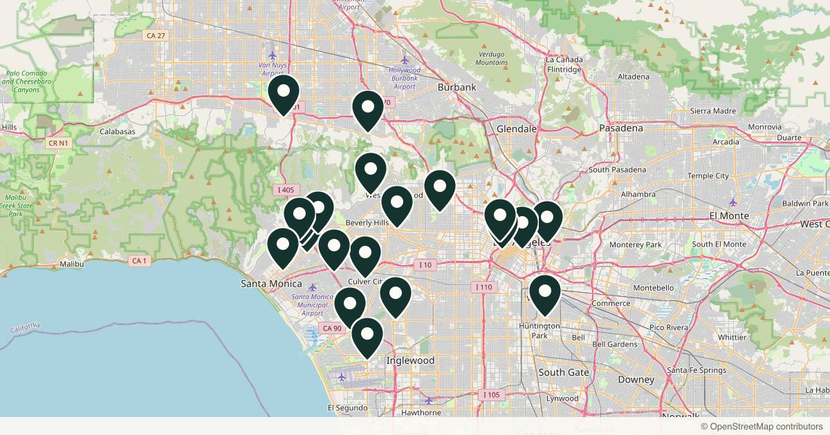Map of 21 dermatology practices in Los Angeles, California