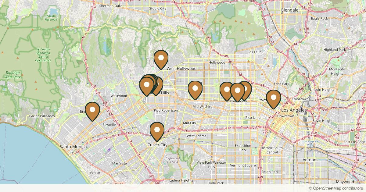 Map of 21 plastic surgery practices in Los Angeles, California