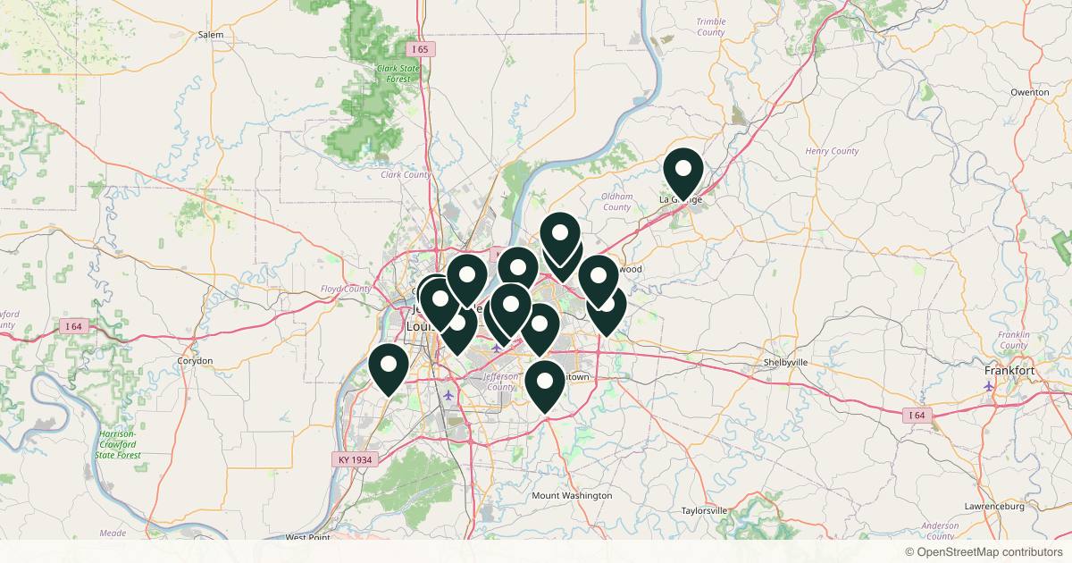 Map of 17 dermatology practices in Louisville, Kentucky