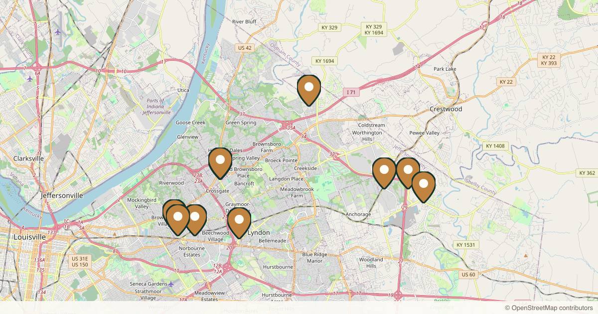 Map of 10 plastic surgery practices in Louisville, Kentucky
